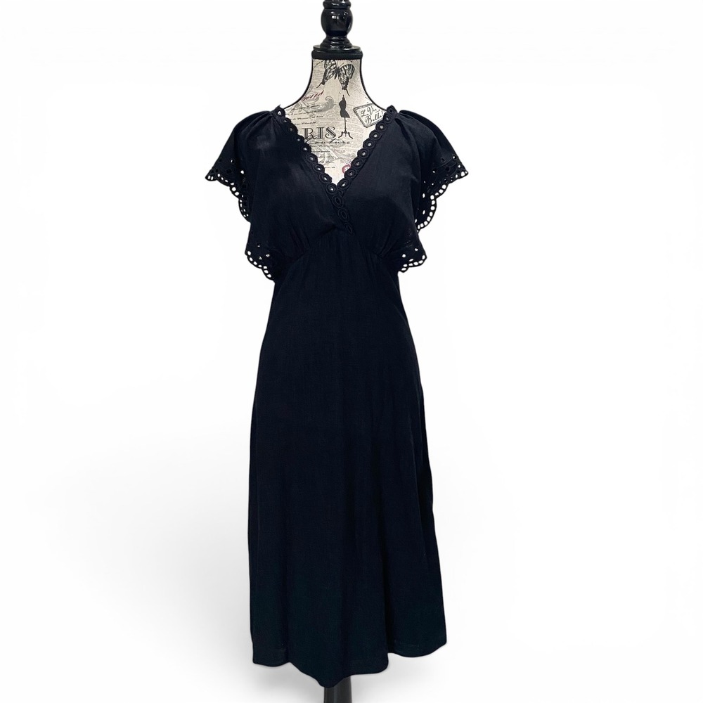 Ann Taylor Dress Womens 4P Black Eyelet Linen Blend Open Back Midi Summer LBD